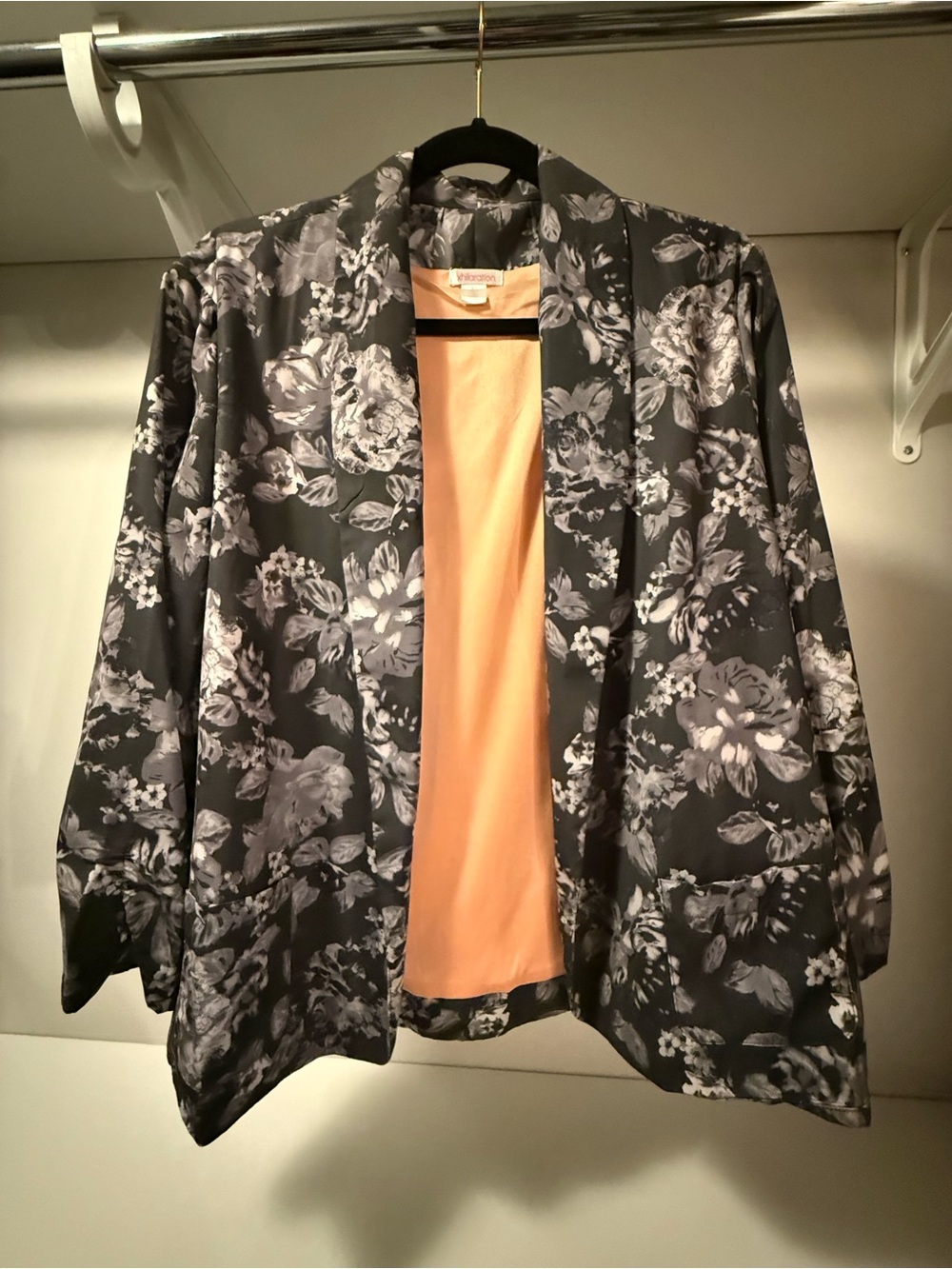 Xhilaration Black Floral Open-Front Blazer with Peach Lining